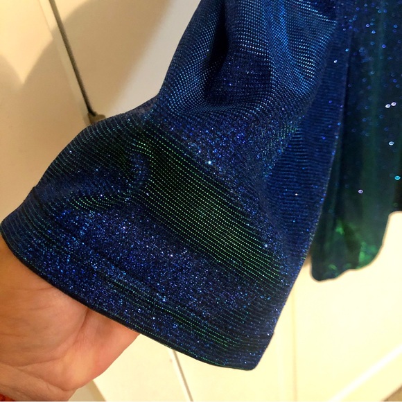 Cider Midnight Blues Sparkly Blue Green Color Shift Long Sleeve Mini Dress - Picture 7 of 11